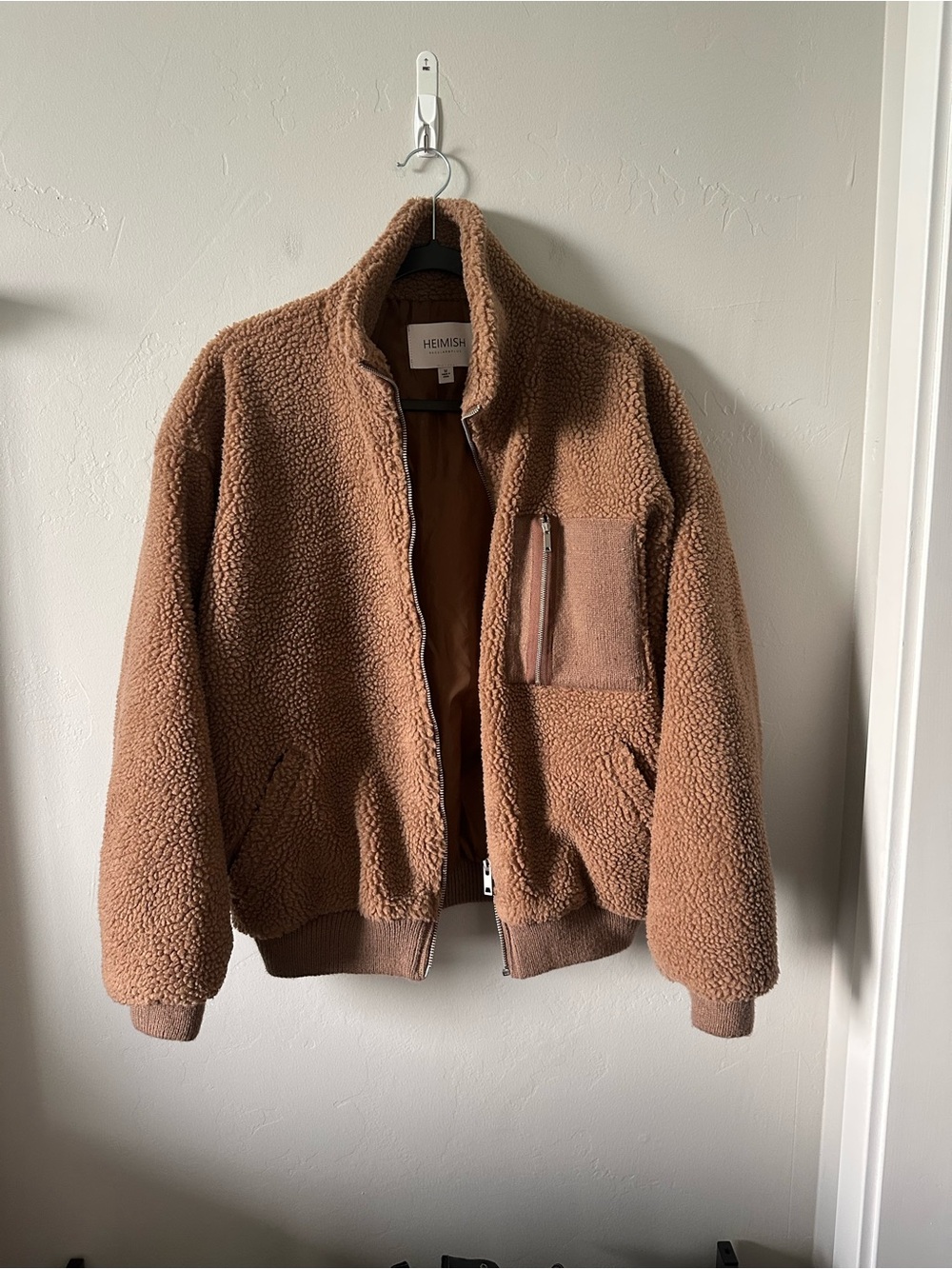 HEIMISH Women's Brown Sherpa Bomber Jacket with Zip Chest Pocket